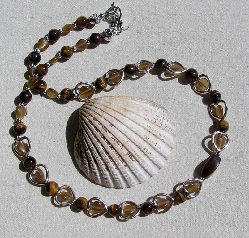 Gold Tiger Eye & Coffee Cat's Eye Gemstone Beaded Heart Necklace
