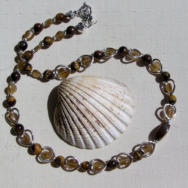 Gold Tiger Eye & Coffee Cat's Eye Gemstone Beaded Heart Necklace