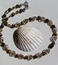 Gold Tiger Eye & Coffee Cat's Eye Gemstone Beaded Silver Heart Necklace