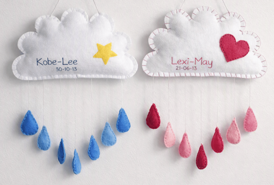 Hand stitched cloud keepsake with name and date