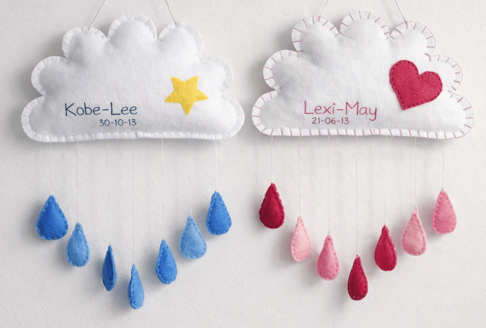 Hand stitched cloud keepsake with name and date