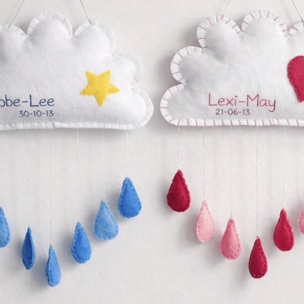 Hand stitched cloud keepsake with name and date