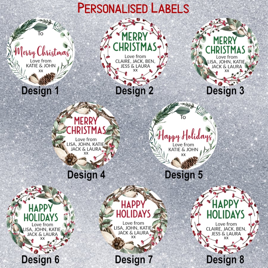 Personalised Christmas wreath greenery berries 45mm circle stickers round labels