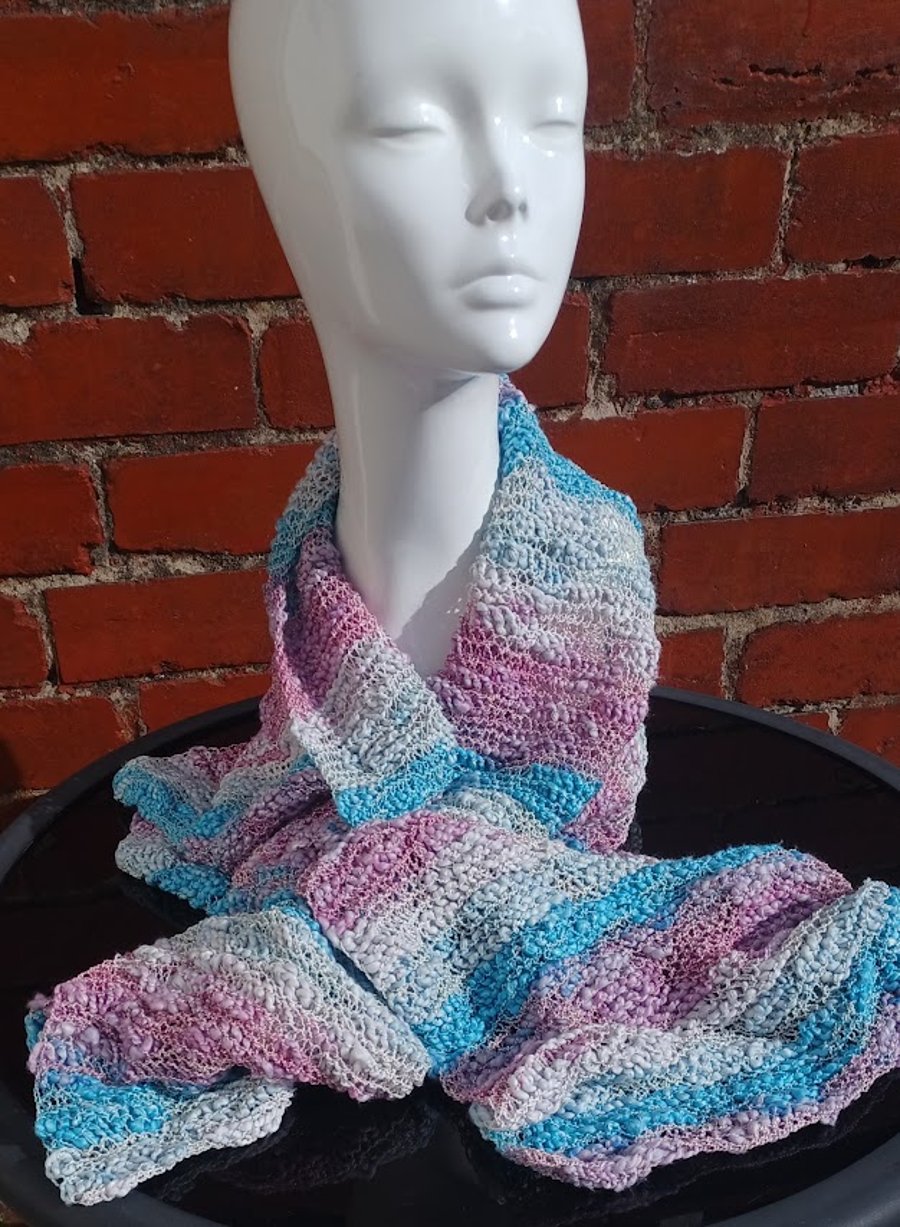 Crochet tricolour blue purple scarf, summer light shawl scarf