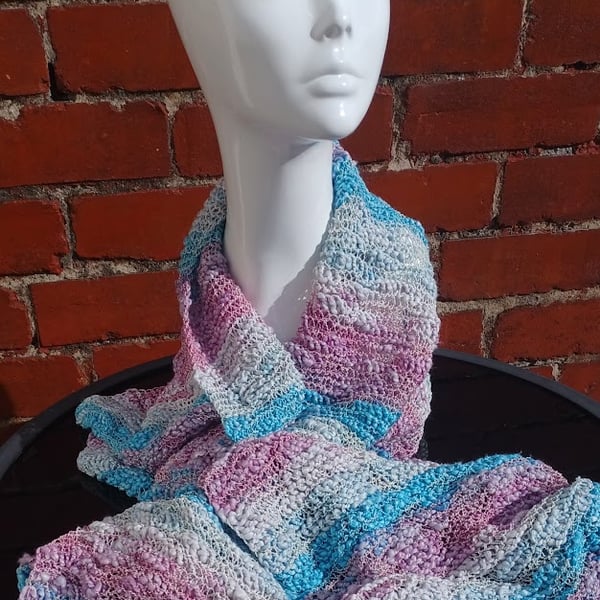 Crochet tricolour blue purple scarf, summer light shawl scarf