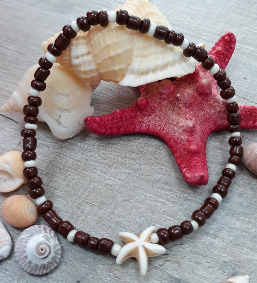 AL40 Brown and cream beaded anklet with starfish