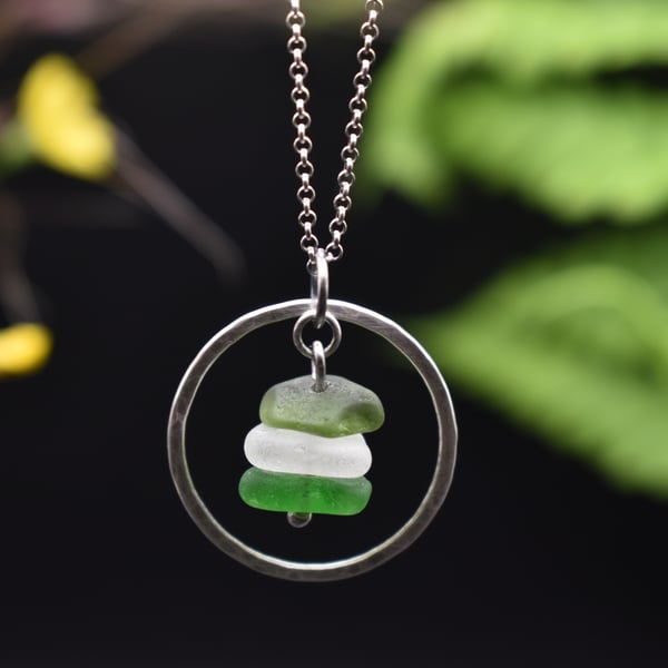 Highland Sea Glass and Sterling Silver Stacked Hoop Necklace