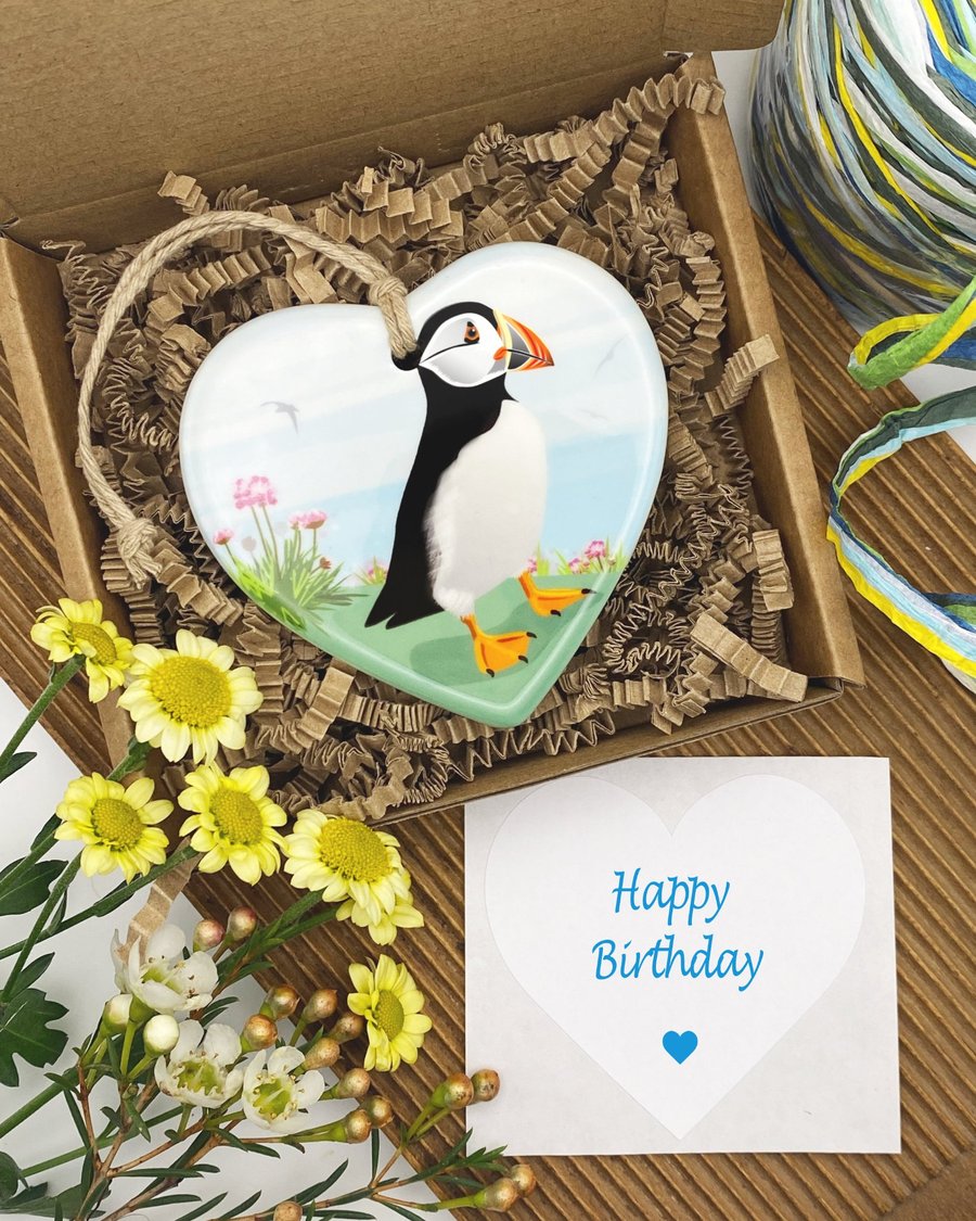 Puffin Ceramic Heart – Seaside Decoration, Postable Gift