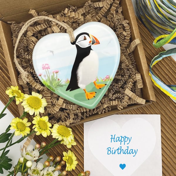 Puffin Ceramic Heart – Seaside Decoration, Postable Gift