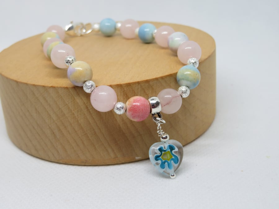 Rainbow Jade and Rose Quartz Bracelet