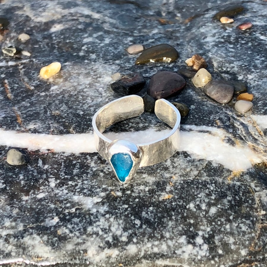 Bright Electric Blue Sea Glass and Sterling Silver Ring - 1227