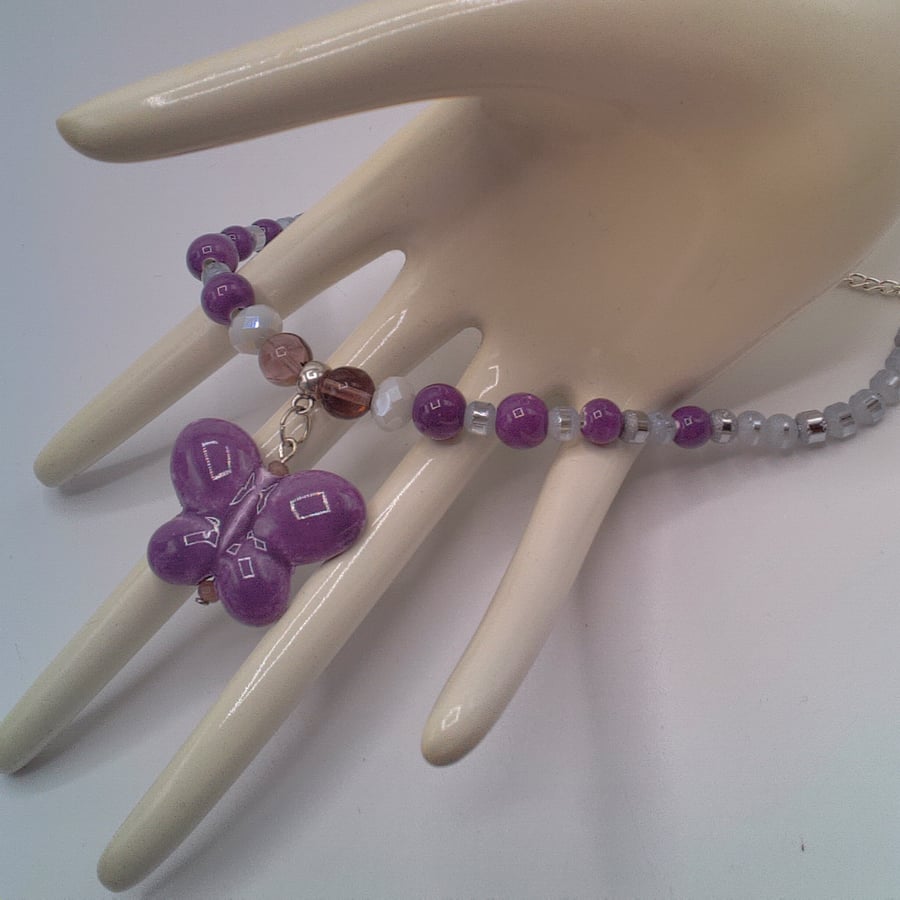 Ceramic Butterfly Pendant on a Purple Necklace, Butterfly Necklace, Gift for Her