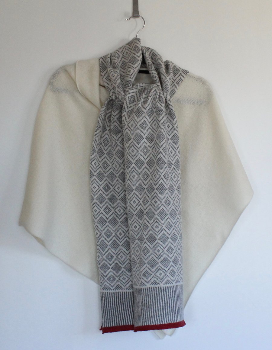 Soft Merino Lambswool Scandi Scarf in Cream and Pearl Grey with Red Ends