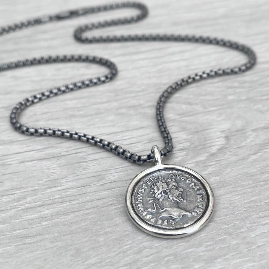 Oxidised Sterling silver 21mm replica Roman coin circle framed pendant and chain
