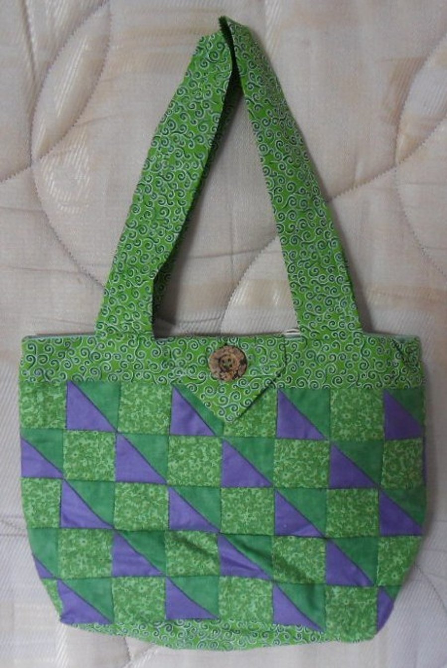 Homemade Tote bag.  Purple and green patchwork design. 11 half" x 8"