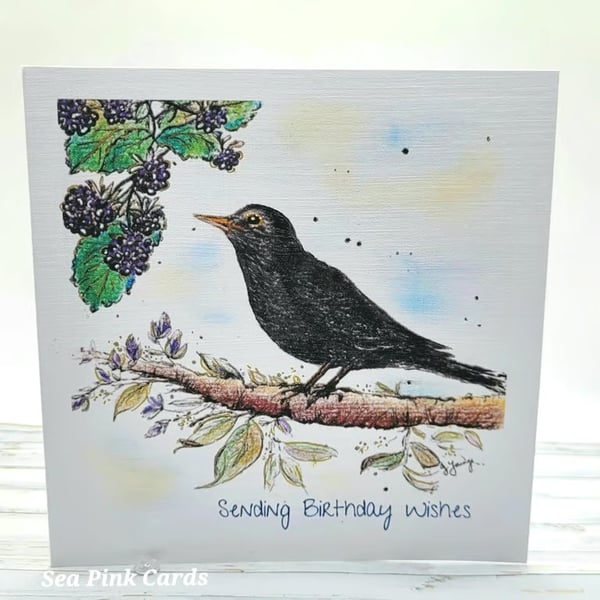 Birthday Card - blackbird and blackberries, original artwork, nature