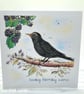 Birthday Card - blackbird and blackberries, original artwork, nature