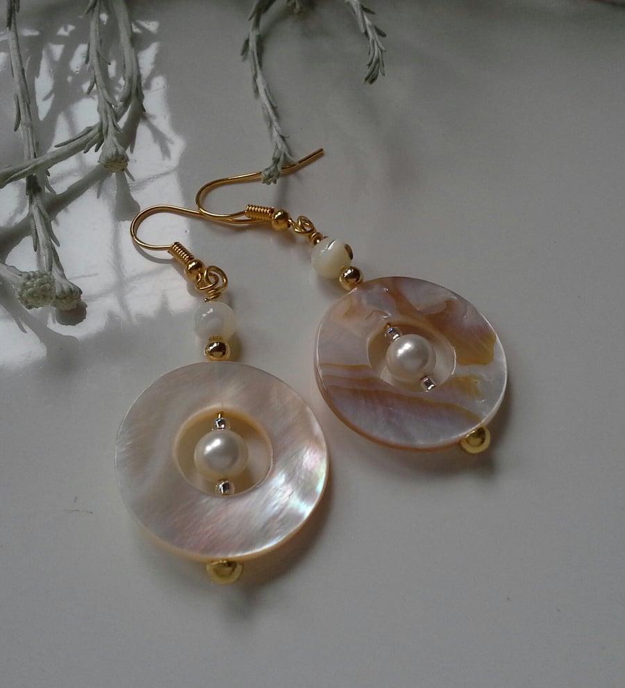  Statement,  Unique, Mother of Pearl & Shell Pearl Gold Plated Earrings