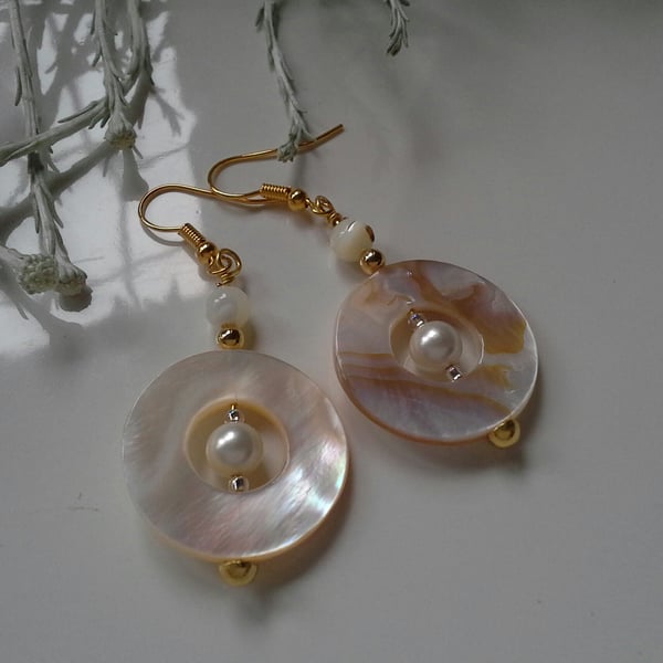  Statement,  Unique, Mother of Pearl & Shell Pearl Gold Plated Earrings