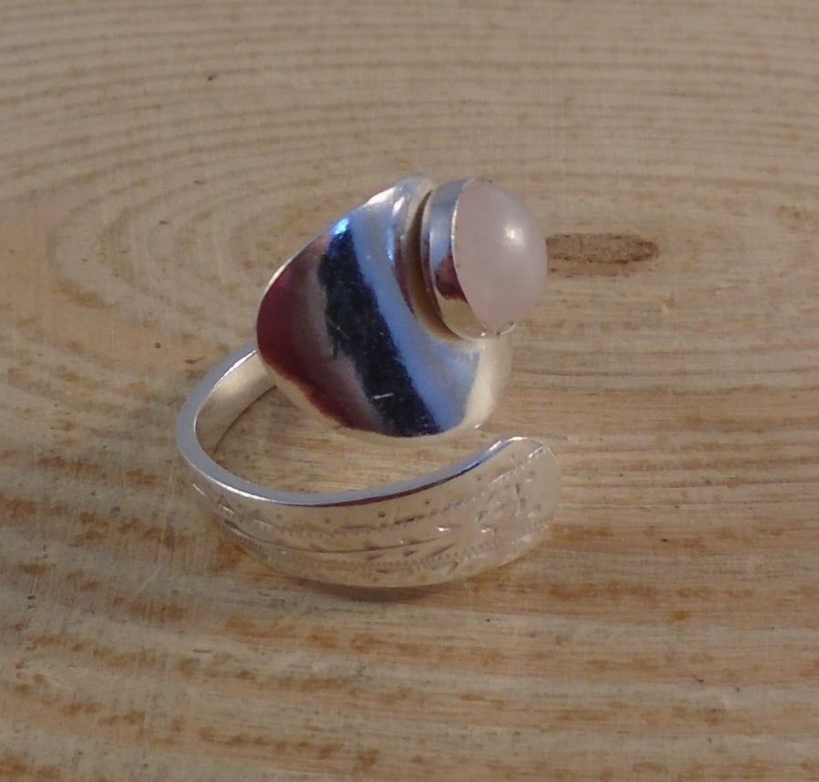 Upcycled Sterling Silver Rose Quartz Bright Cut Sugar Tong Adjustable Ring