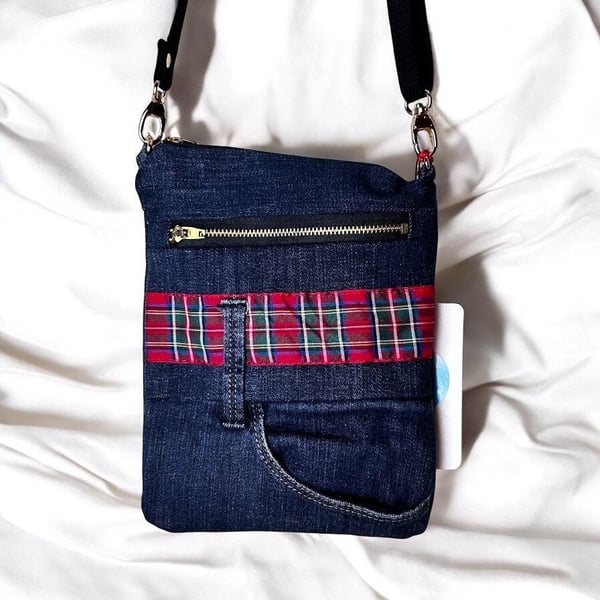 Small Denim Bag with Red Tartan upcycled jeans
