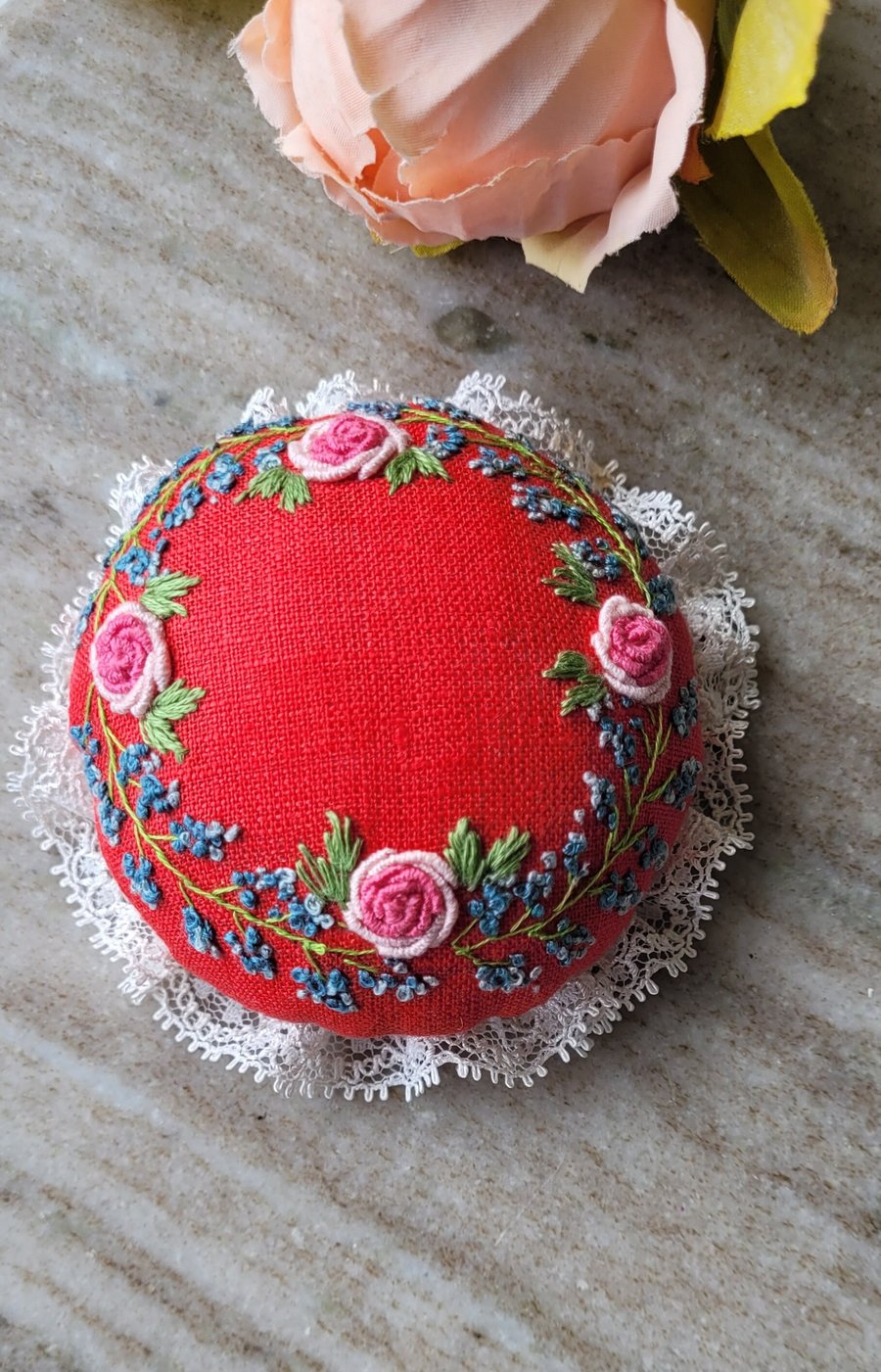 red roses pin cushion, pink hand embroidered,  vintage style,  seamstress gift