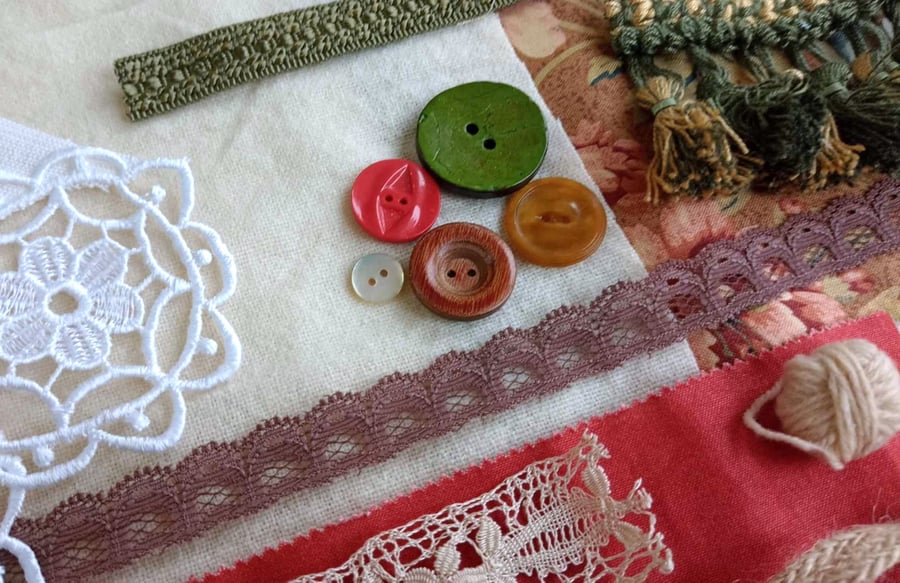 Vintage Welsh Christmas Tea Slow Stitching Kit -  themed fabric remnants & trims