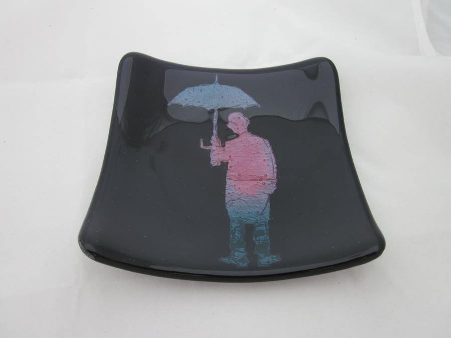 Handmade fused glass candy bowl - copper umbrella man on deep purple