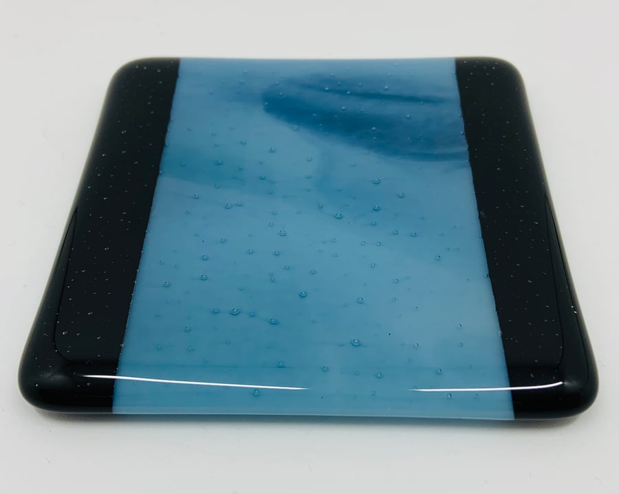 Fabulous Black and Streaky Blue Fused Glass Coaster.