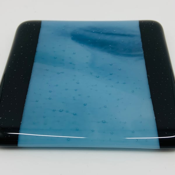 Fabulous Black and Streaky Blue Fused Glass Coaster.