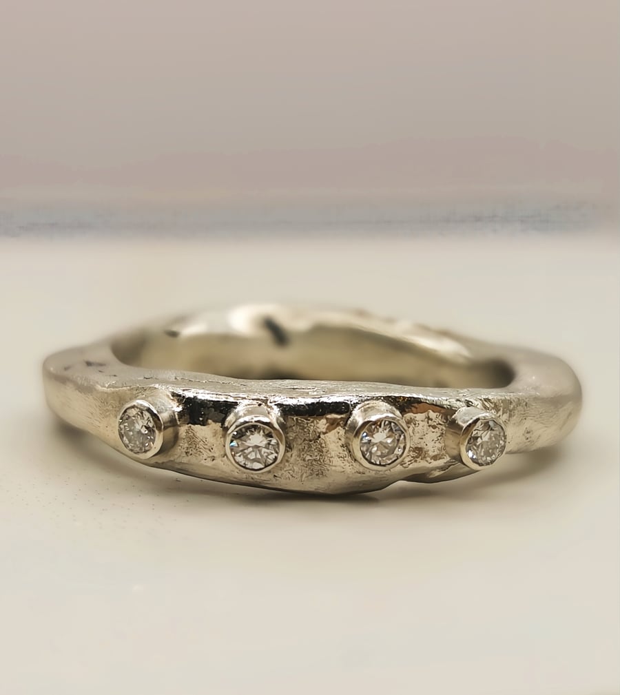 Sterling Silver Organic Diamond Wedding Band - Hand Forged Rustic Ring - Size Q