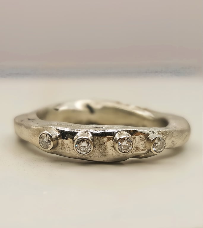 Sterling Silver Organic Diamond Wedding Band - Hand Forged Rustic Ring - Size Q