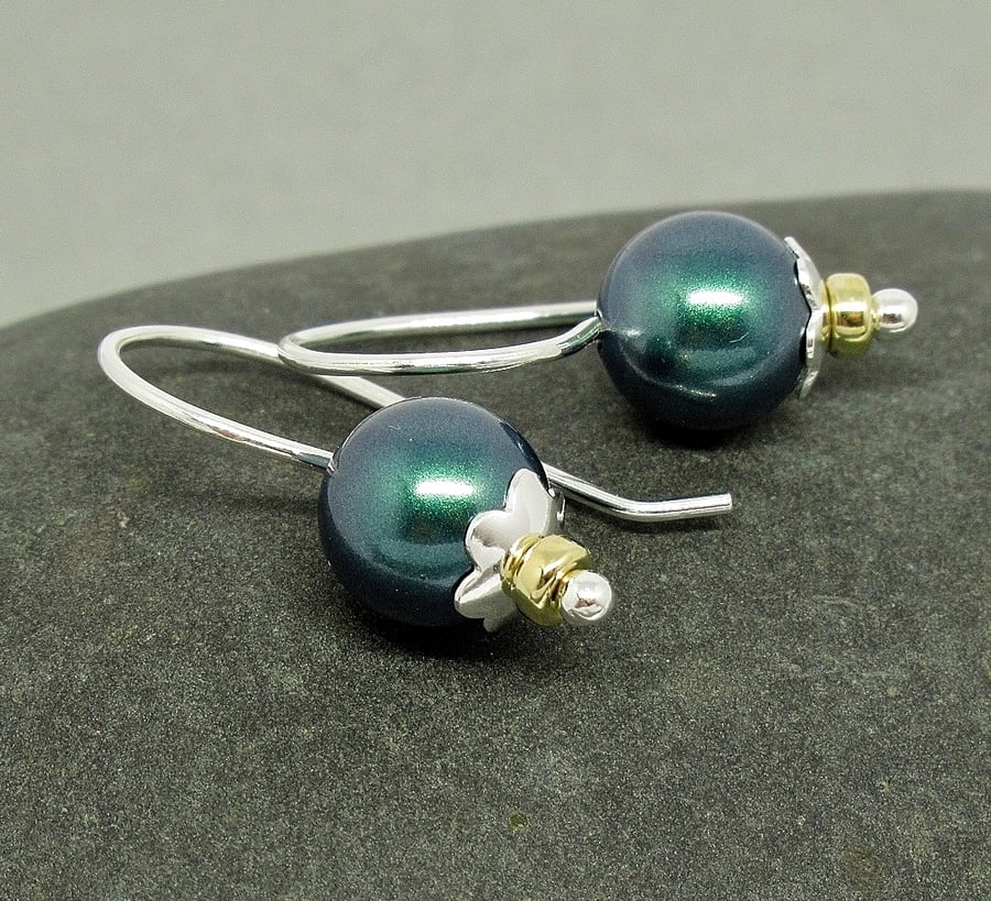Teal Pearl Earrings - Blue Green Pearl Drop Earrings - Sterling Silver