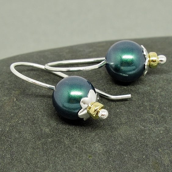 Teal Pearl Earrings - Blue Green Pearl Drop Earrings - Sterling Silver