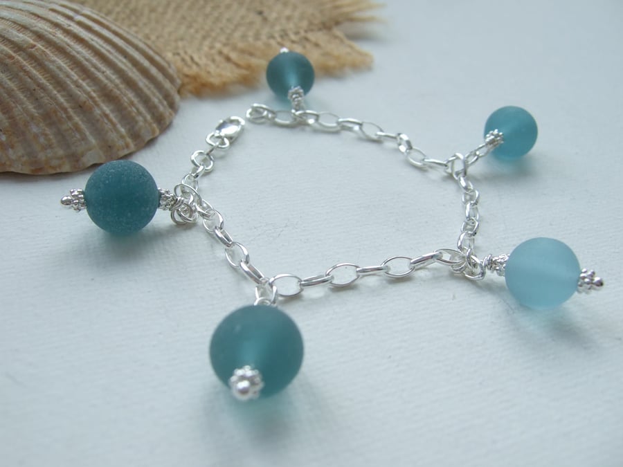 Japanese Sea Glass Marble Bracelet, Blue Teal Aqua Beach Marbles 7" Sterling 