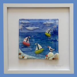 HANDMADE FUSED GLASS  'SEAGULL AND COAST' PICTURE