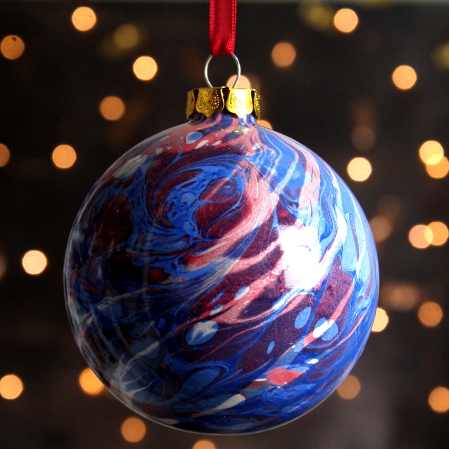 Large ceramic Christmas decoration bauble double marbled in blue, red and silver