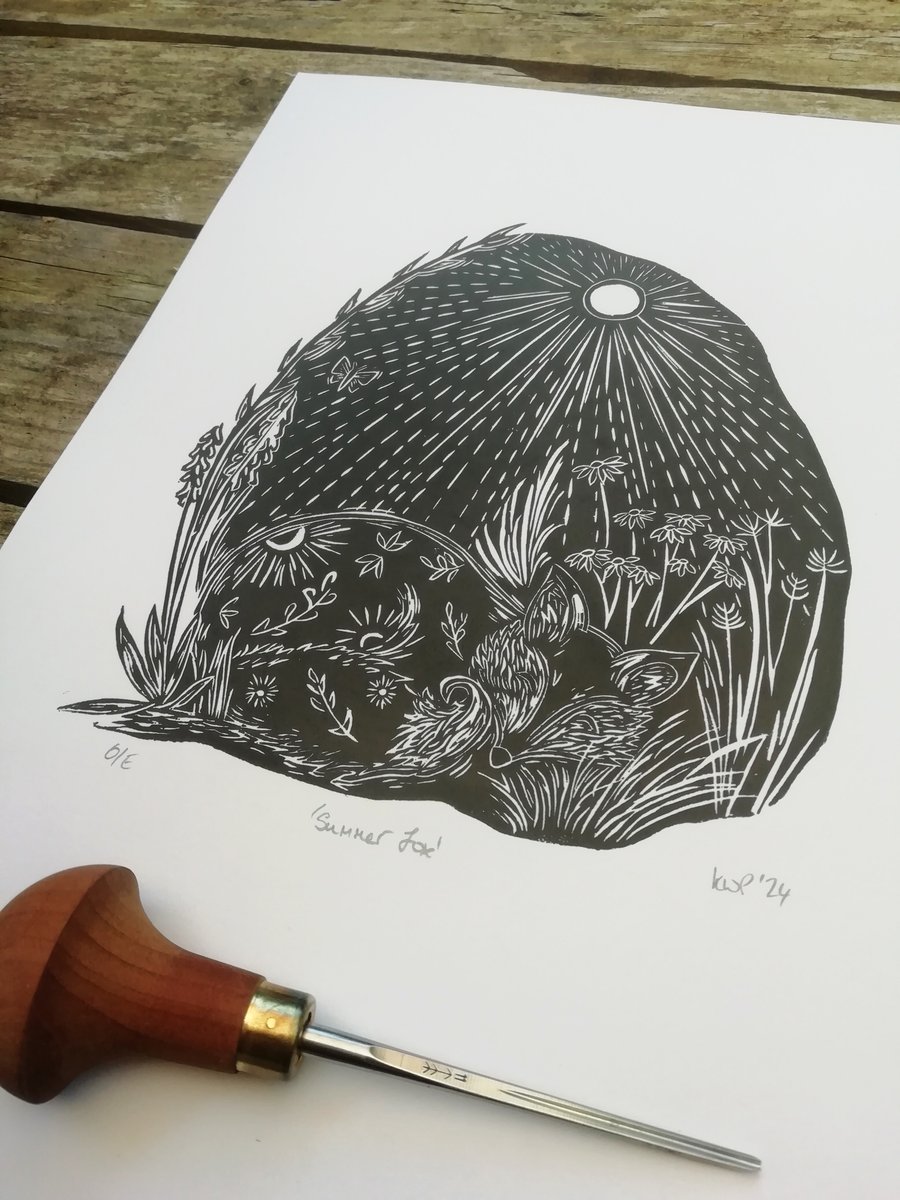 ‘Summer Fox’ Linocut Art – Original handmade linocut print A4 by Kathryn.Prints 