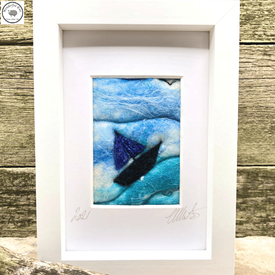 Smal Felted Picture fibre painting sea boat wet needle felt embroidery gift.    