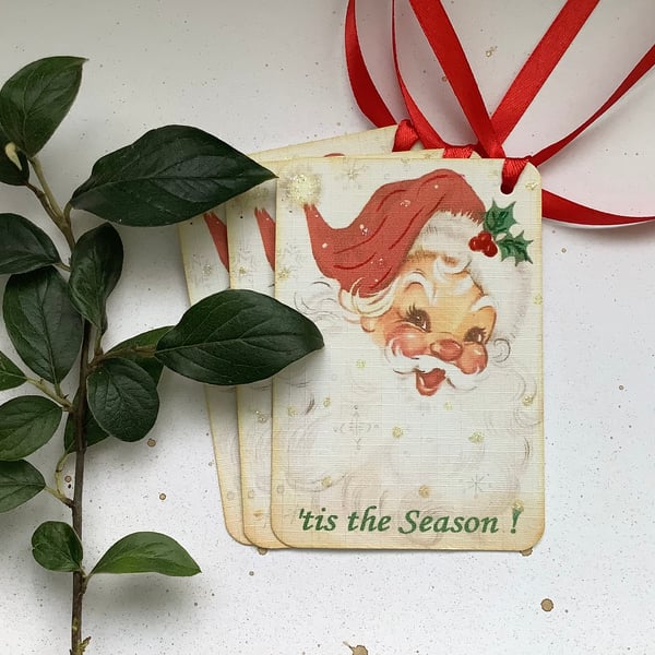 CHRISTMAS GIFT TAGS ( pack of 3 ) Santa , St Nick. Retro. Vintage -style . 