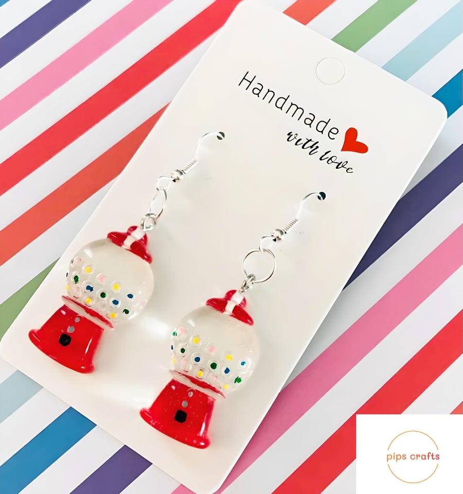 Quirky Red Bubblegum Machine Earrings, 925 Silver Hooks, Fun Handmade Jewellery
