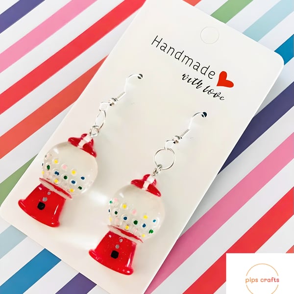 Quirky Red Bubblegum Machine Earrings, 925 Silver Hooks, Fun Handmade Jewellery