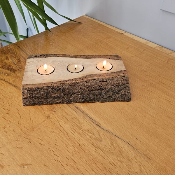Live Edge Ash Tealight Candle Holder - Natural Rustic Handmade Wood Decor 
