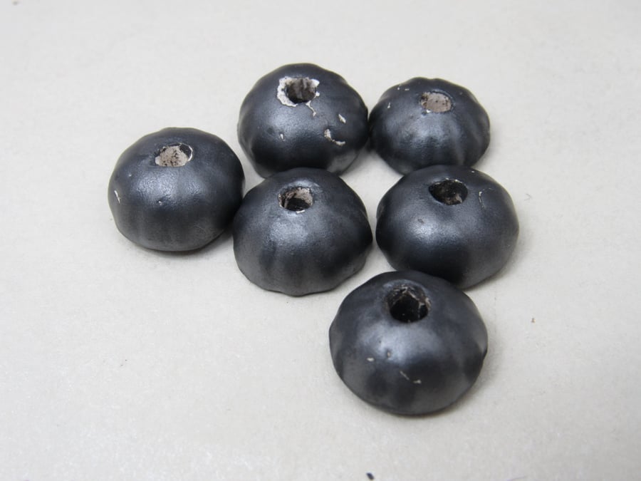 6 Small Semi-Gloss Black Half-round Ceramic Flower Beads