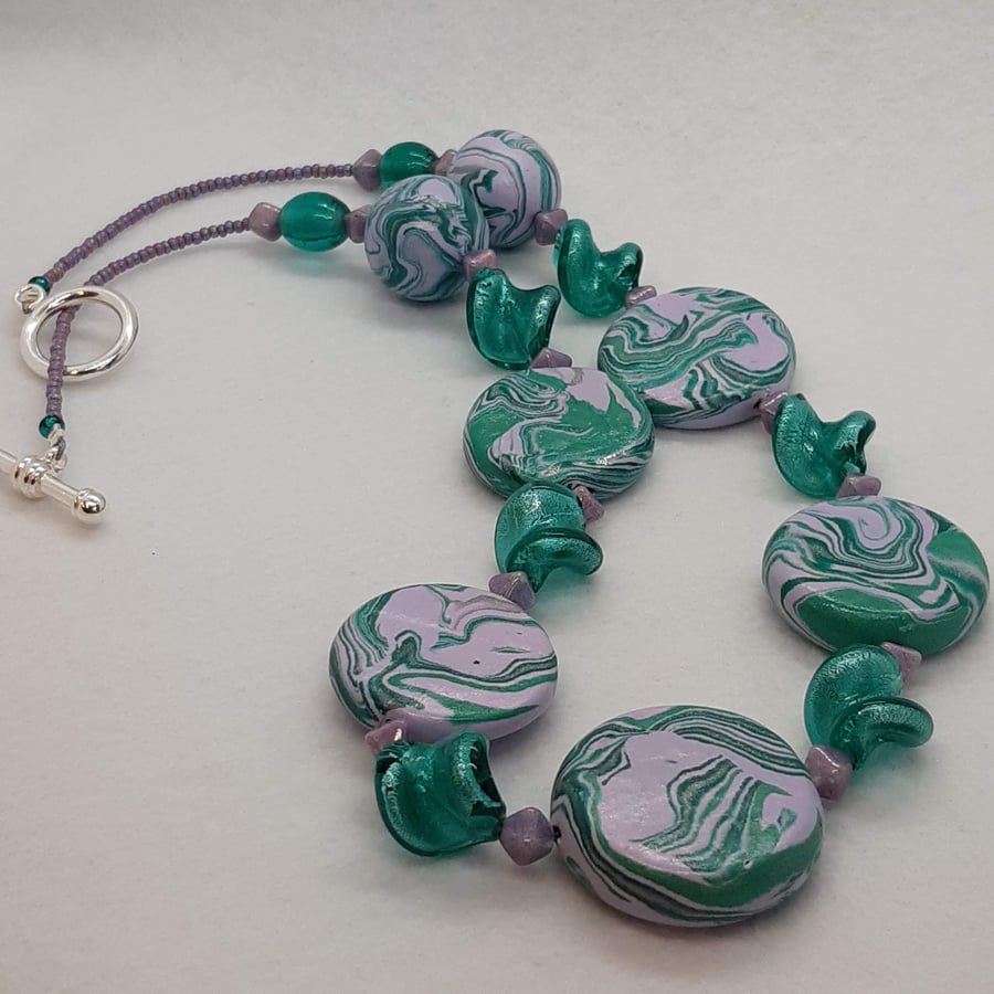 Lilac and aqua polymer clay necklace