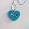 Ceramic turquoise heart necklace impressed with a dragonfly - Sterling silver