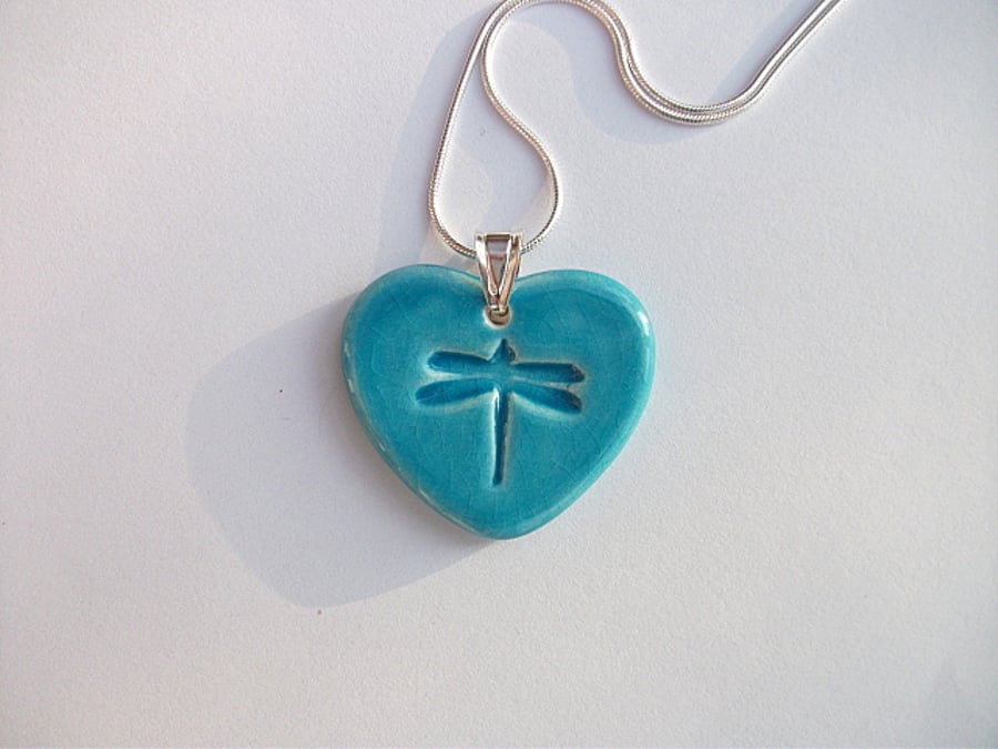 Ceramic turquoise heart necklace impressed with a dragonfly - Sterling silver