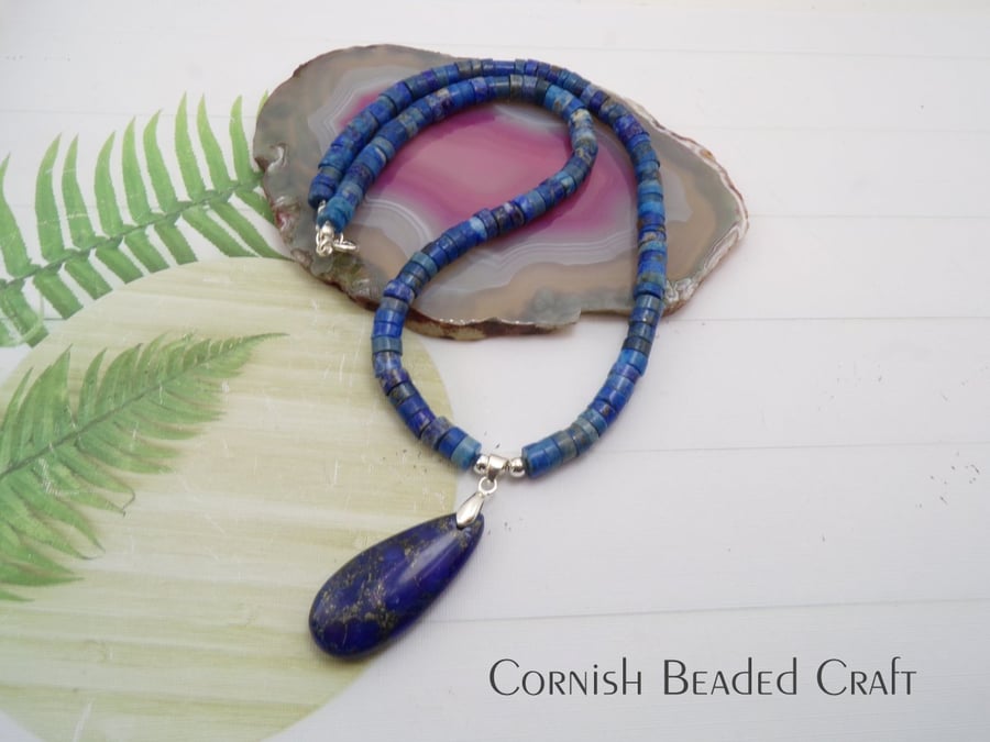 SALE - Cute Blue Lapis Lazuli Necklace & Pendant -  Sterling Silver Clasp.