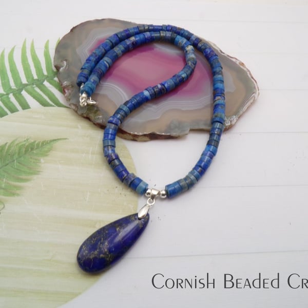 Cute Blue Lapis Lazuli Necklace & Pendant -  Sterling Silver Clasp - FREE UK P&P