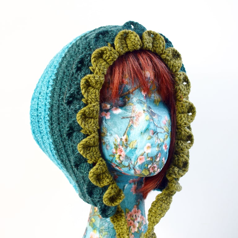Bonnet Style Womens Hat in Blues and Greens with Dragonscale Edging